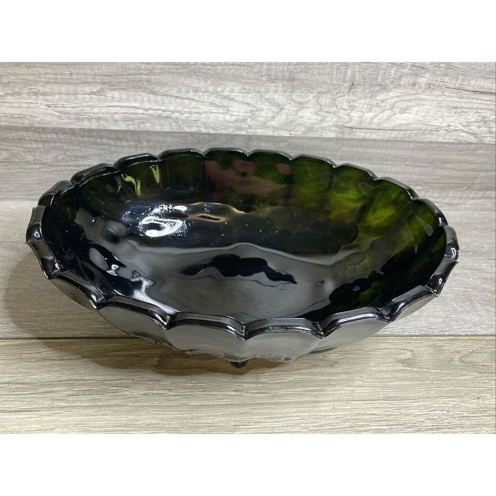 Vtg Indiana Glass Co Black Glass Bowl Fruit Pattern Approximately 12x8x4